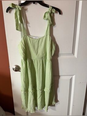 Light Green Gingham Tie-Shoulder Midi Dress